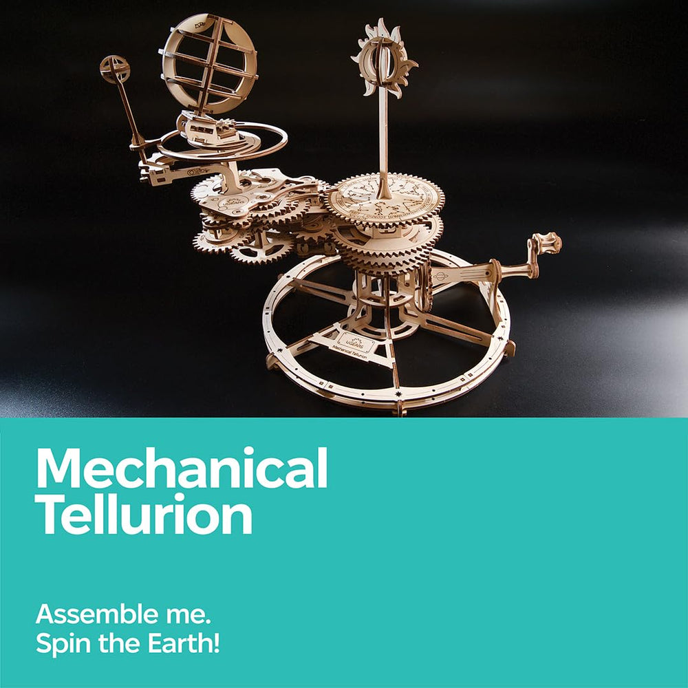 UGEARS Tellurion DIY build emphasizes the 249 laser-cut pieces included.
