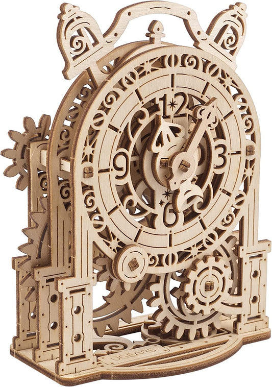 UGEARS Vintage Alarm Clock assembly view showing precise wooden gears for a satisfying build