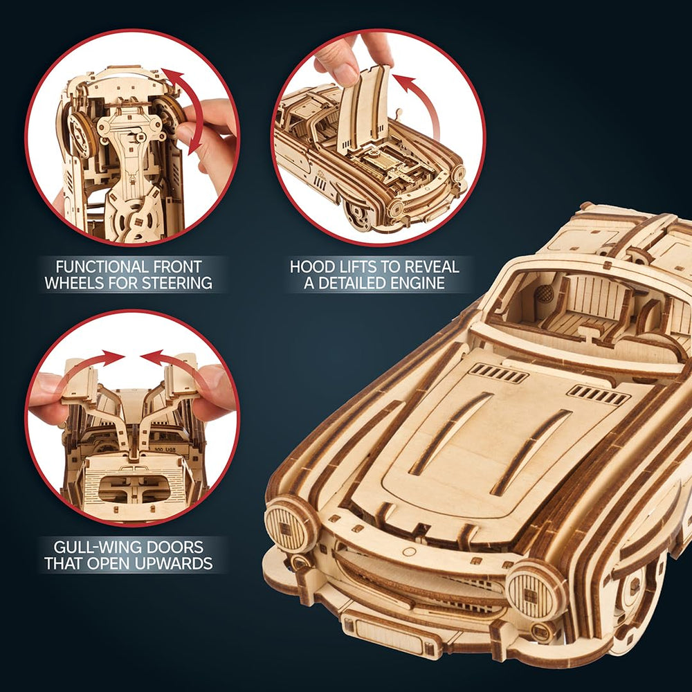 Ratchet-key winding powers the movement of the UGEARS Winged Sports Coupe