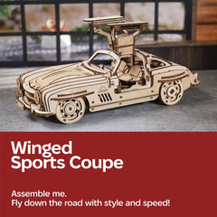 Fully assembled UGEARS Winged Sports Coupe ready for showcase