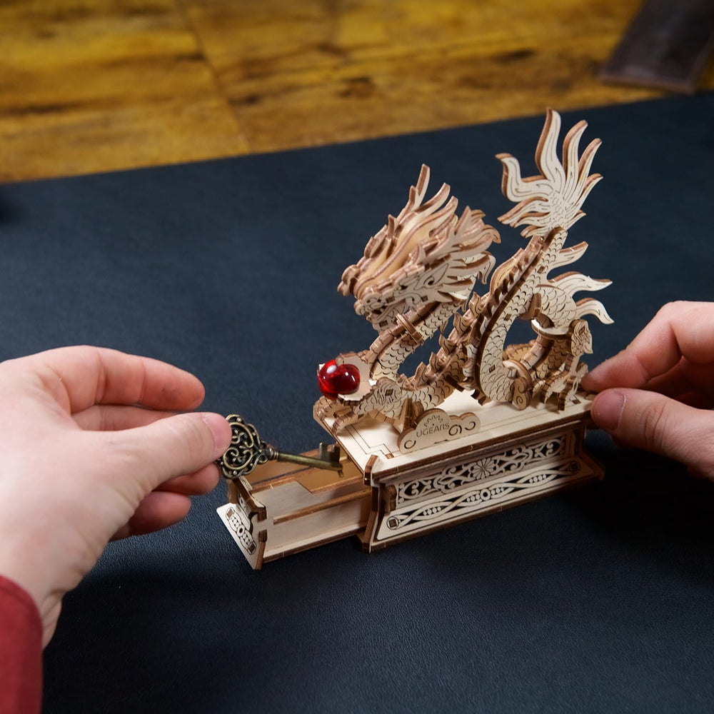 UGEARS Wooden dragon puzzle on a modern decor shelf