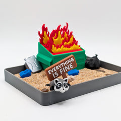 UglaForge Dumpster Fire Zen Garden closeup, handcrafted decor for desk mindfulness.