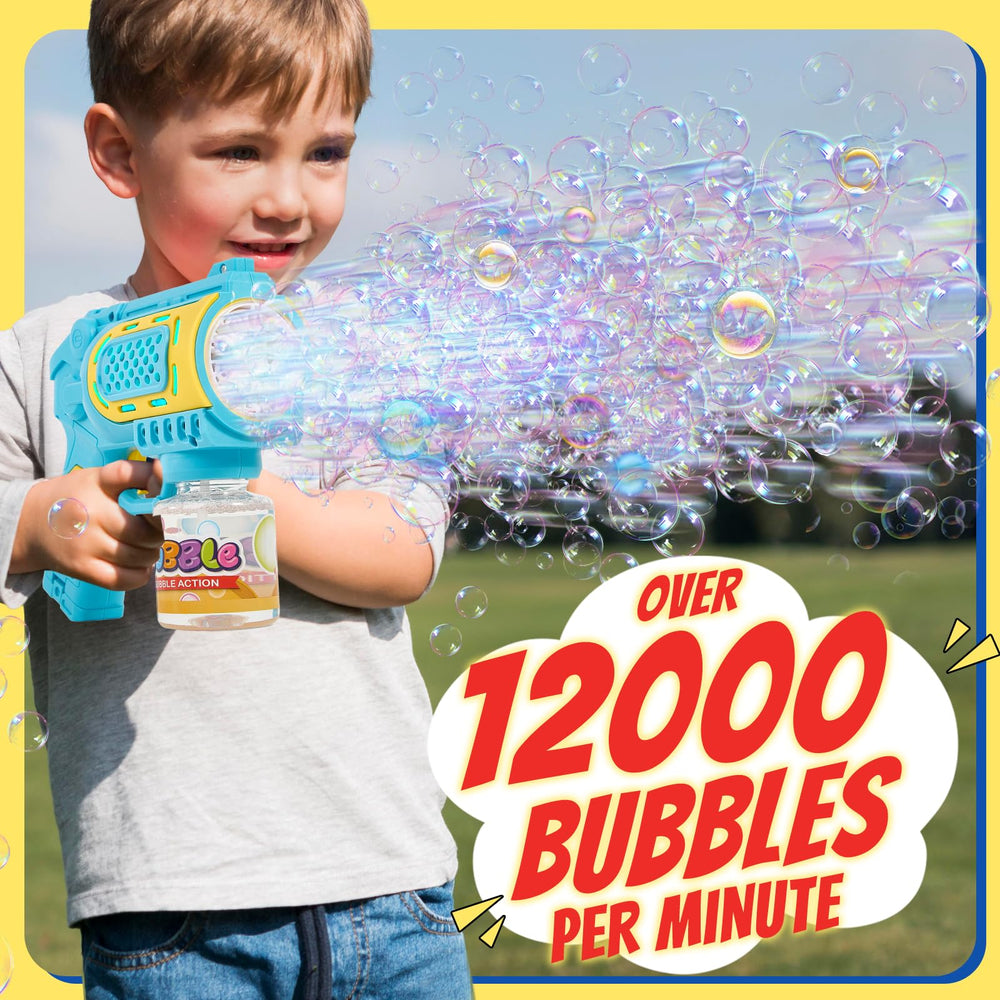 UGYWI bubble gun bundle includes bottles and concentrated liquid for quick refills