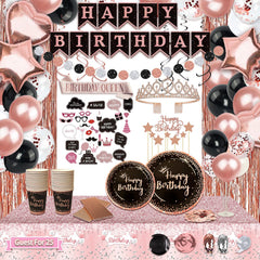 UJoyant rose gold and black Happy Birthday banner enhances party decor and photo moments.