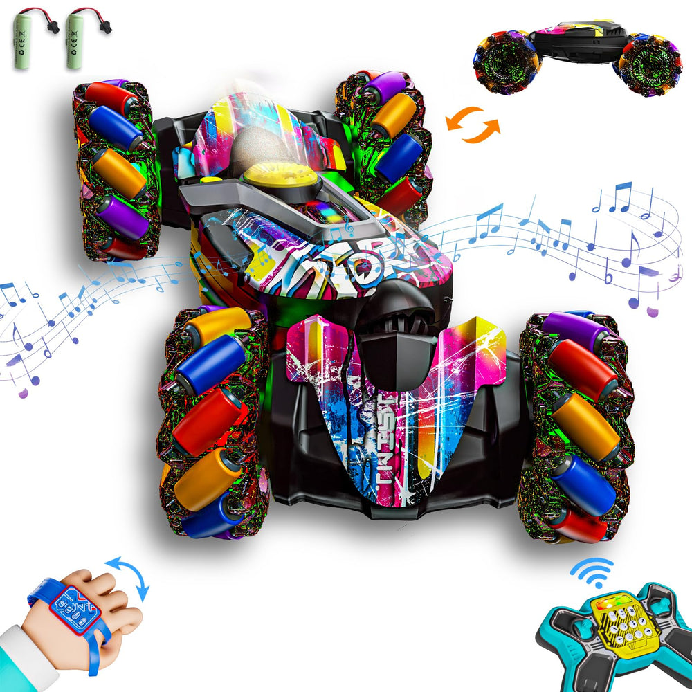 UJROQI gesture-sensing RC stunt car front view showing rugged build and headlights for outdoor play