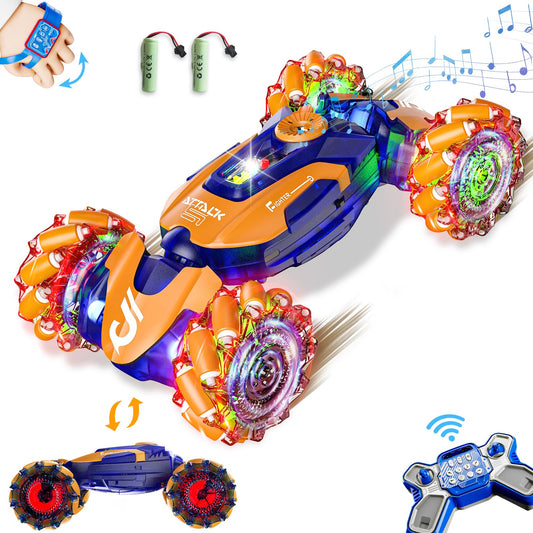 UJROQI gesture-sensing RC stunt car front view with bright lights for indoor play