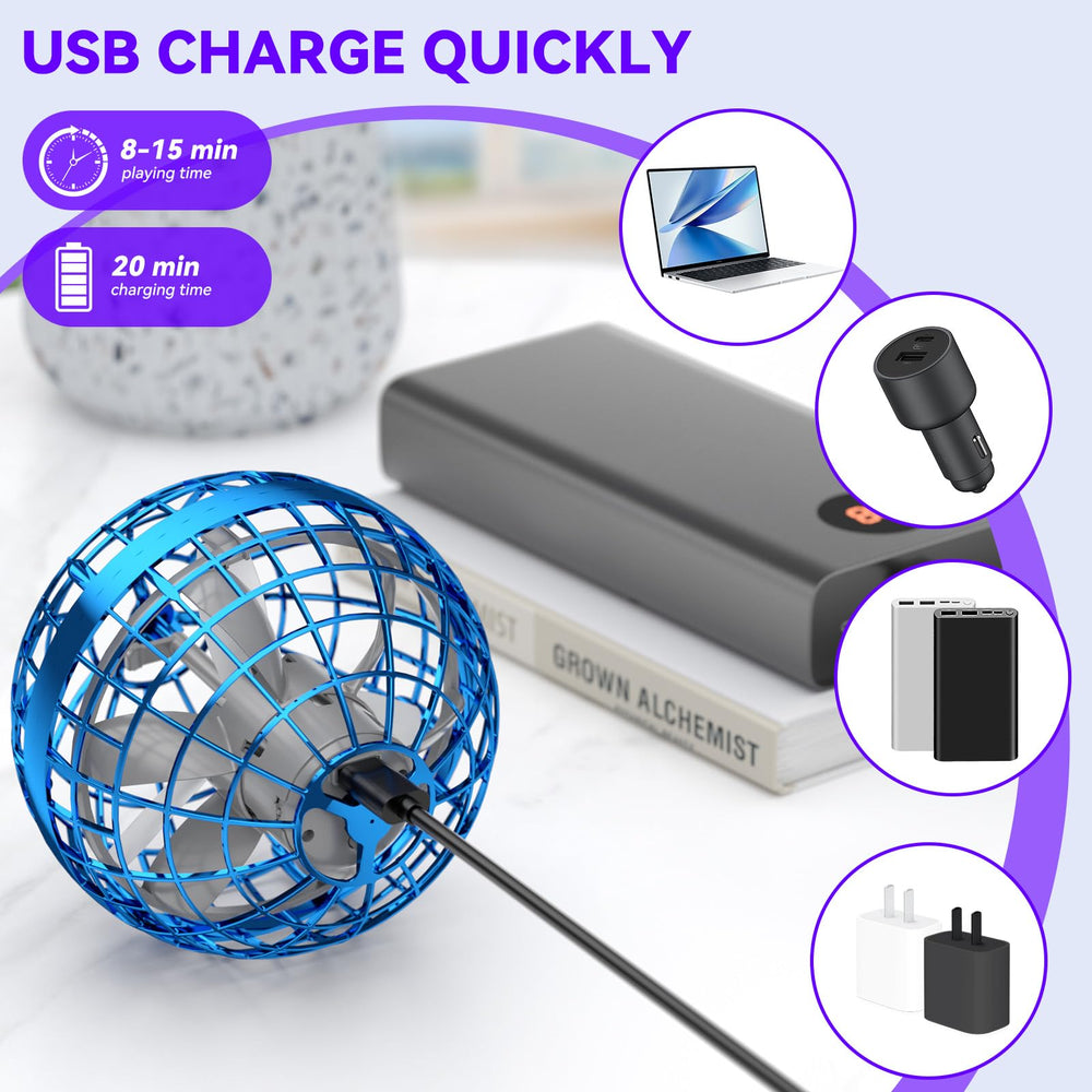 Uladis Flying Orb Ball USB charging for quick replays and portability.