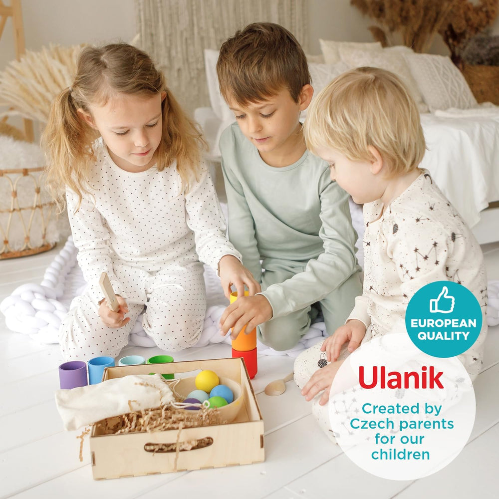 Ulanik wooden cups and balls support fine motor and coordination.