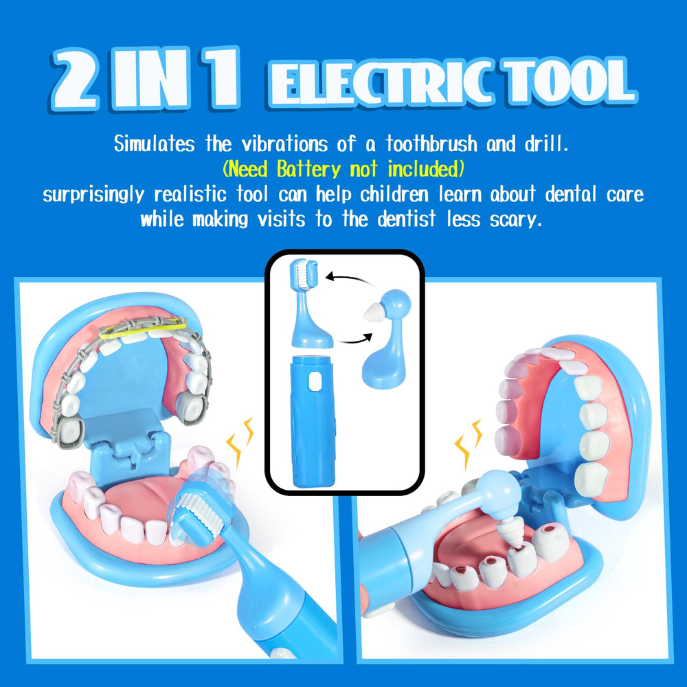 ULOVEME braces and retainer tools for pretend fitting on the tooth model, inspiring imaginative orthodontic play.