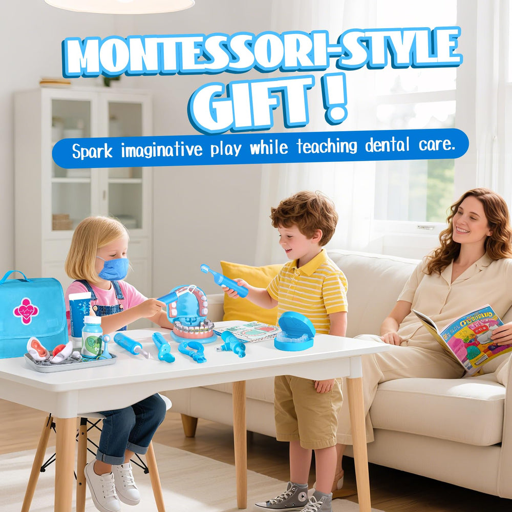 ULOVEME dentist tools kit showcasing realistic tools for cleaning and pretend treatments, encourages imaginative role play.