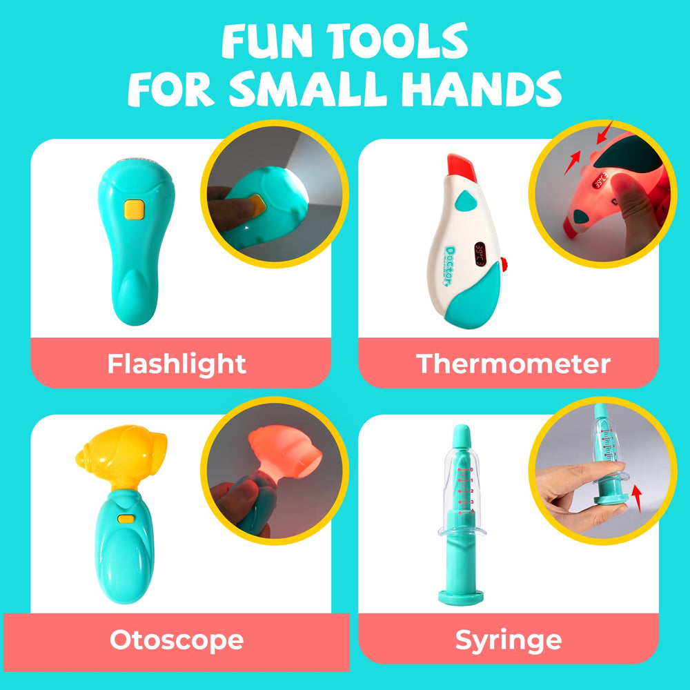 ULOVEME Doctor Kit pressable syringe adds interactive, engaging activity for role play.