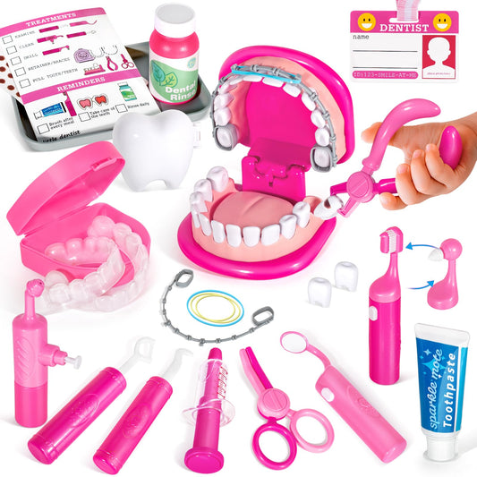 ULOVEME Kids Dentist Play Set pink with braces — pretend dental care practice