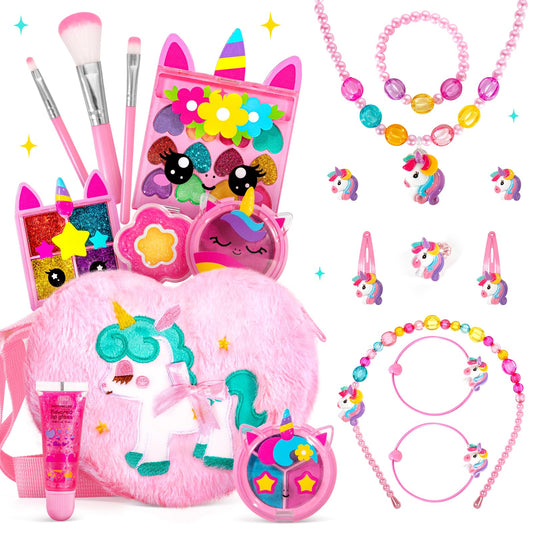 ULOVEME kids real makeup kit with heart purse for imaginative play and color exploration.