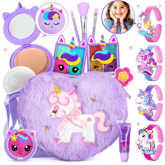 ULOVEME kids makeup kit with heart-shaped purple purse for imaginative play.