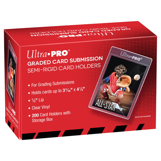 Ultra PRO semi-rigid half-inch lip tall sleeve protects standard trading cards with crystal-clear clarity.