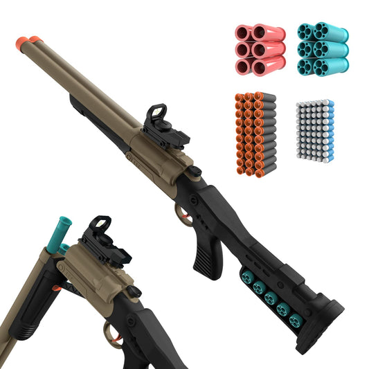 ULUCTROM double-barrel shotgun toy view, durable ABS design for safe outdoor play.