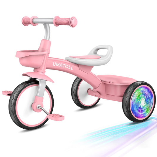 Umatoll Toddler Tricycle pink frame promotes outdoor fun and balance.