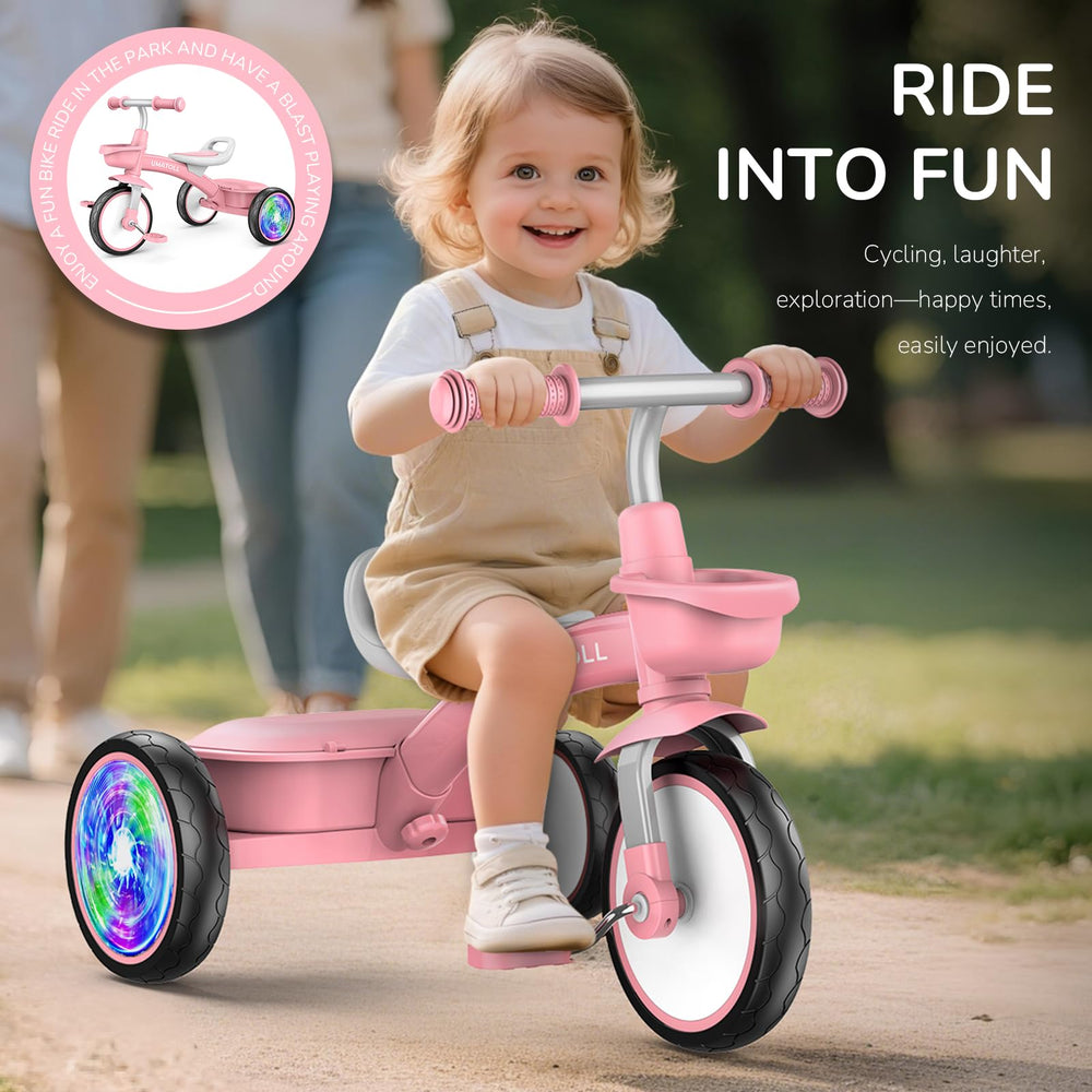 Umatoll Toddler Tricycle wide-wheelbase enhances stability for new riders.
