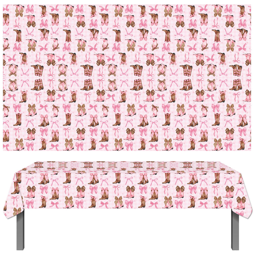 Umoni Coquette Cowgirl tablecloth featuring brown boots and pink bows for stylish parties.