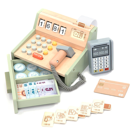 UMU wooden cash register for kids with pretend play and early math