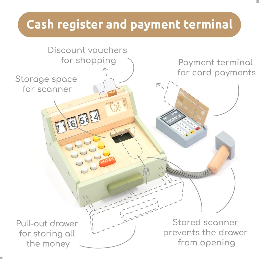 UMU wooden cash register play money for shopping scenarios