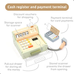 UMU wooden cash register play money for shopping scenarios
