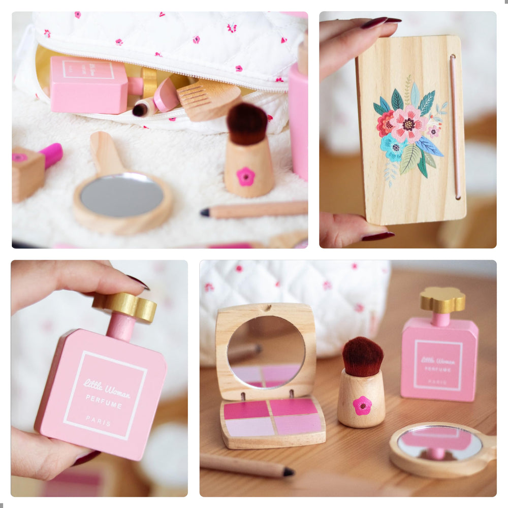 UMU wooden makeup kit powder compact offers durable, safe pretend cosmetics.