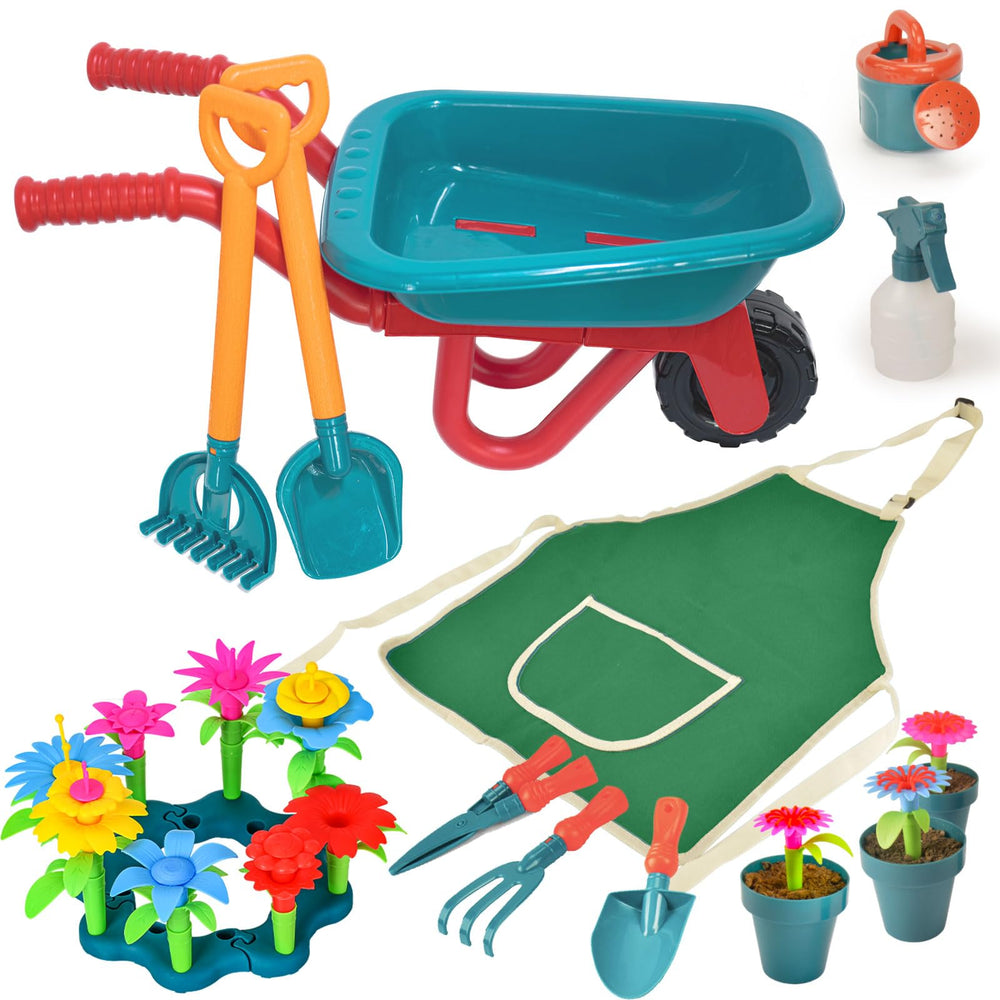 Unanscre kid wheelbarrow for safe pretend garden transport of soil.
