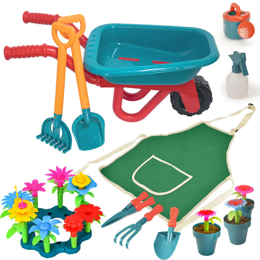 Unanscre kid wheelbarrow for safe pretend garden transport of soil.