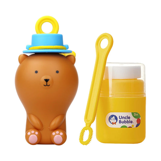 Uncle Bubble Fun Anti-Spill Pals brown bear character to welcome kids to bubbly play