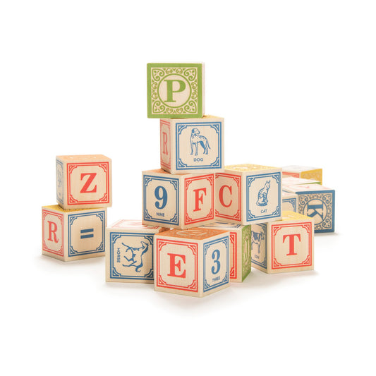 Uncle Goose Classic ABC Blocks display alphabet letters for early spelling and literacy play.