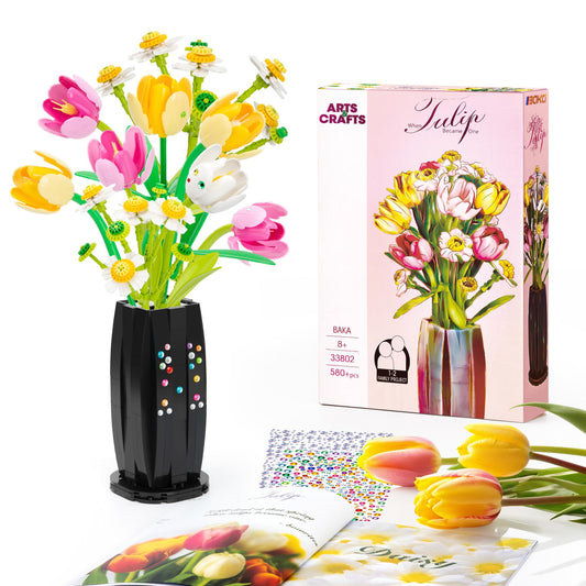 Under the Baubles bouquet build with tulips and daisies offers a personalized, long-lasting display at home.