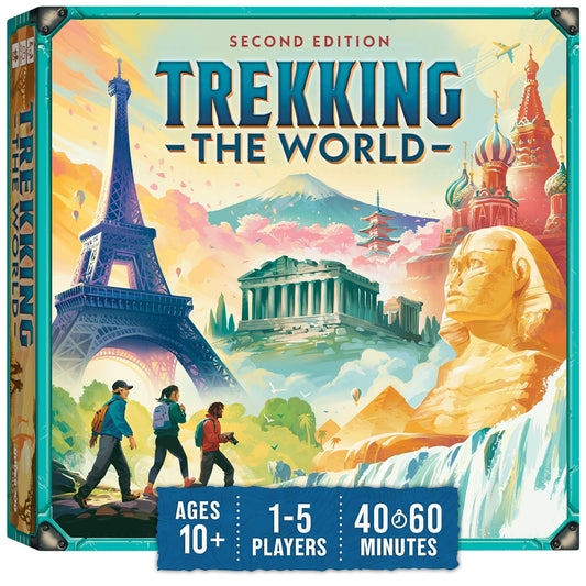 Underdog Games Trekking the World 2nd Edition box prompts family adventures during game night.