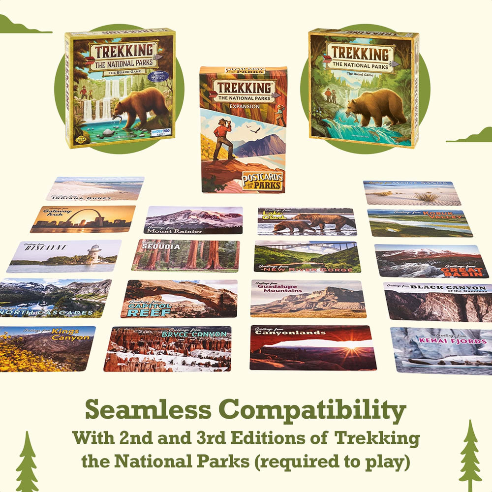 Underdog Games Trekking National Parks Expansion card deck showcases postcards aesthetic for immersive play.
