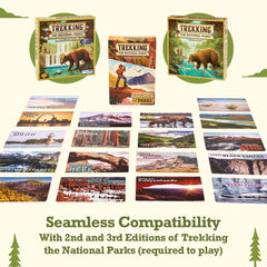 Underdog Games Trekking National Parks Expansion card deck showcases postcards aesthetic for immersive play.