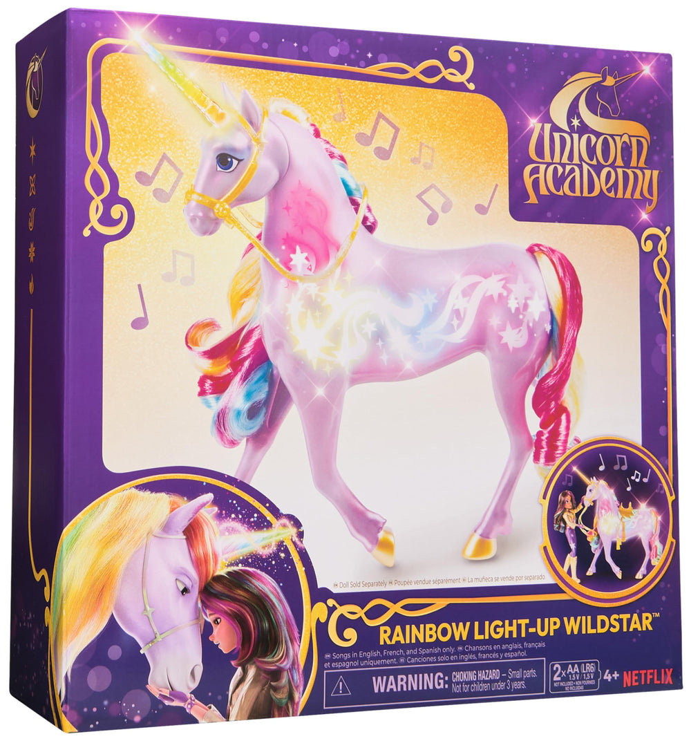 Box content for Unicorn Academy Rainbow Light-up Wildstar with accessories