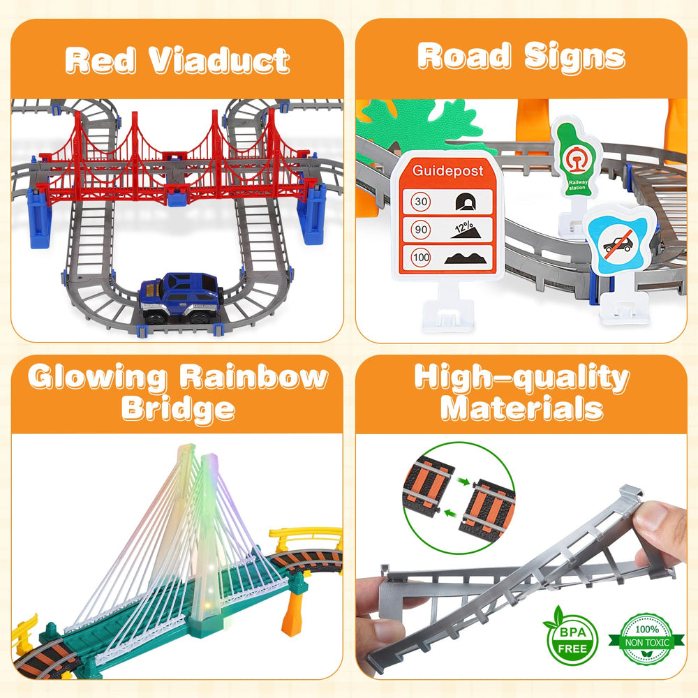 Unimoly 100+ piece track set supports varied layouts and problem solving