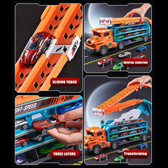 Storage cabins hold up to eight cars for organized playtime.