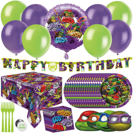 Unique TMNT birthday banner enhances party décor with a bold celebration focal point.