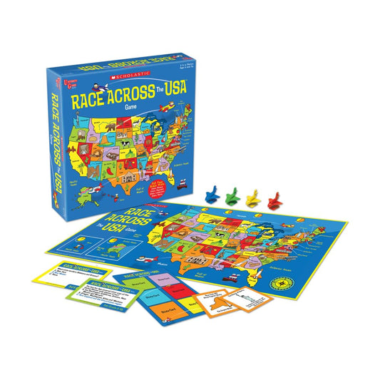 University Games Scholastic Race Across the USA board game cover, inviting family learning and fun.