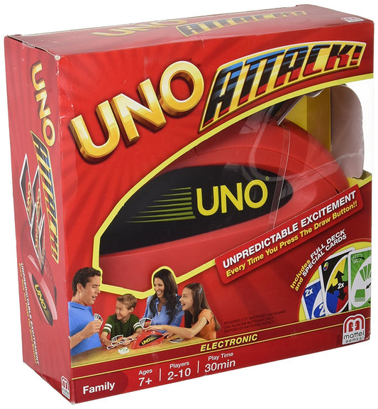 UNO Attack! game box front showing family-friendly fun and easy setup.