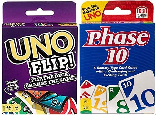 Table spread with UNO Phase 10 and Uno Flip decks for all ages