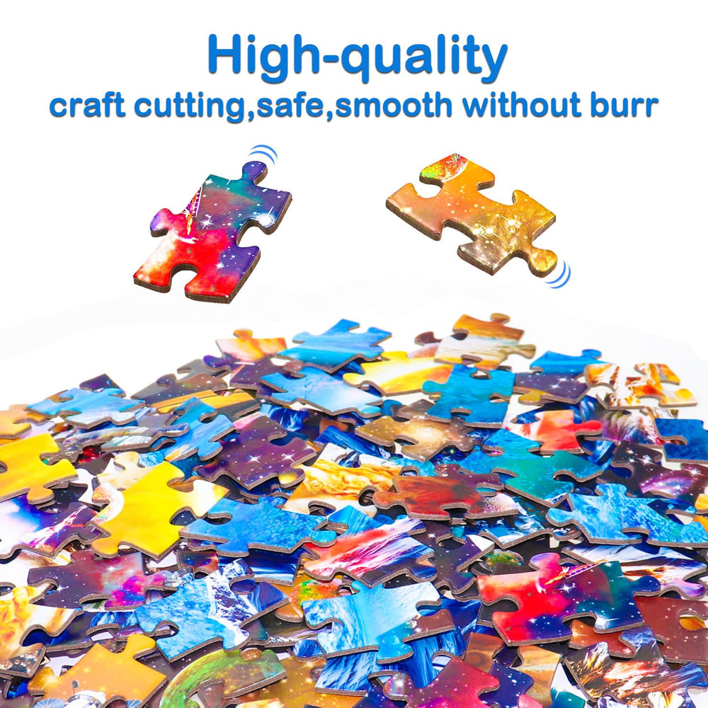 Unolidrom kids puzzle pieces closeup shows interlocking parts and bright planet imagery.