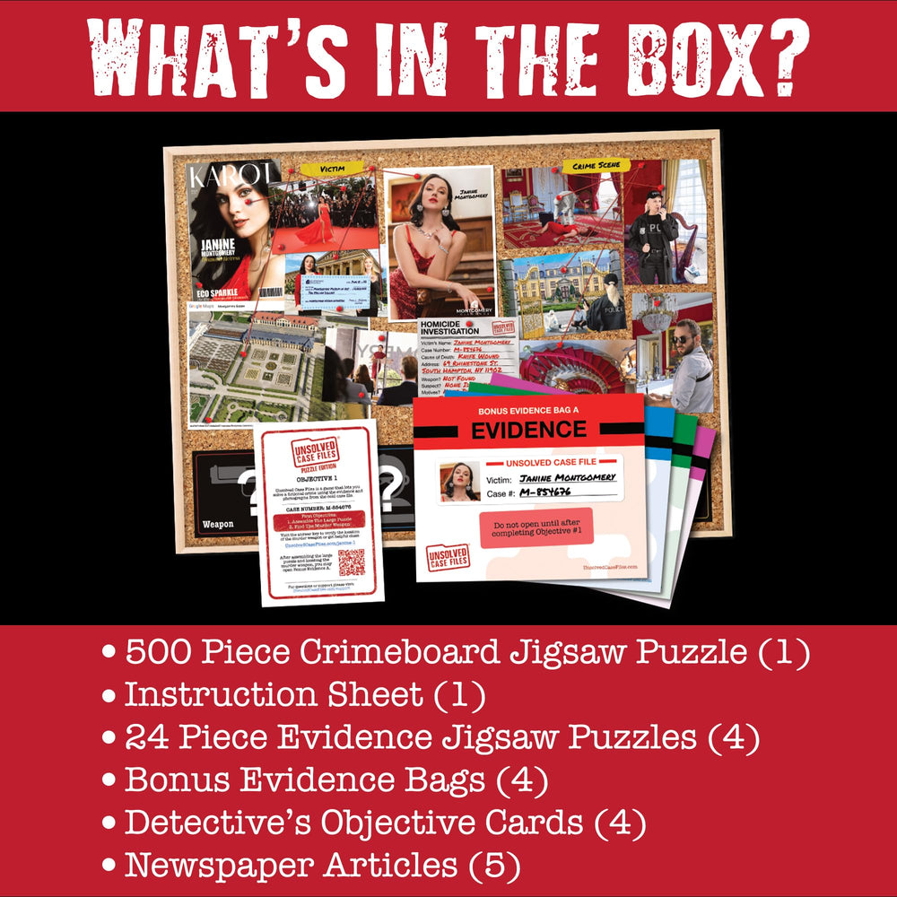 Unsolved Case Files clues and evidence cards support logical deduction during play.