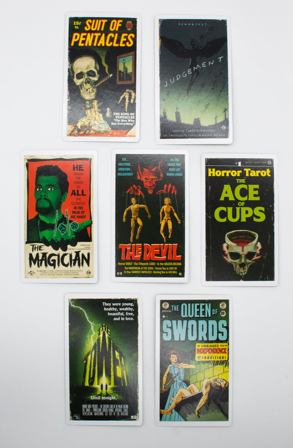 Illustrations inspired by macabre films, books, and comics captivate readers