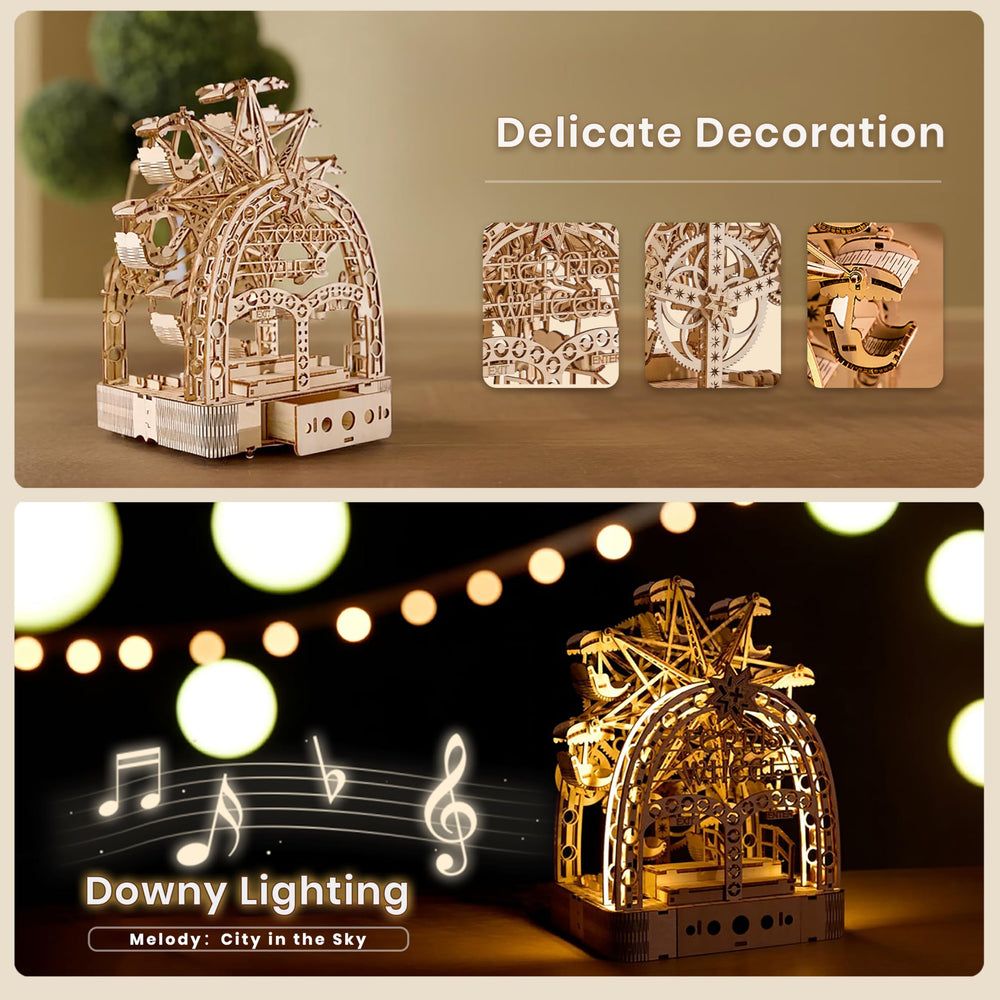 UPLIKE Ferris wheel light feature illuminates display for night-time ambience.