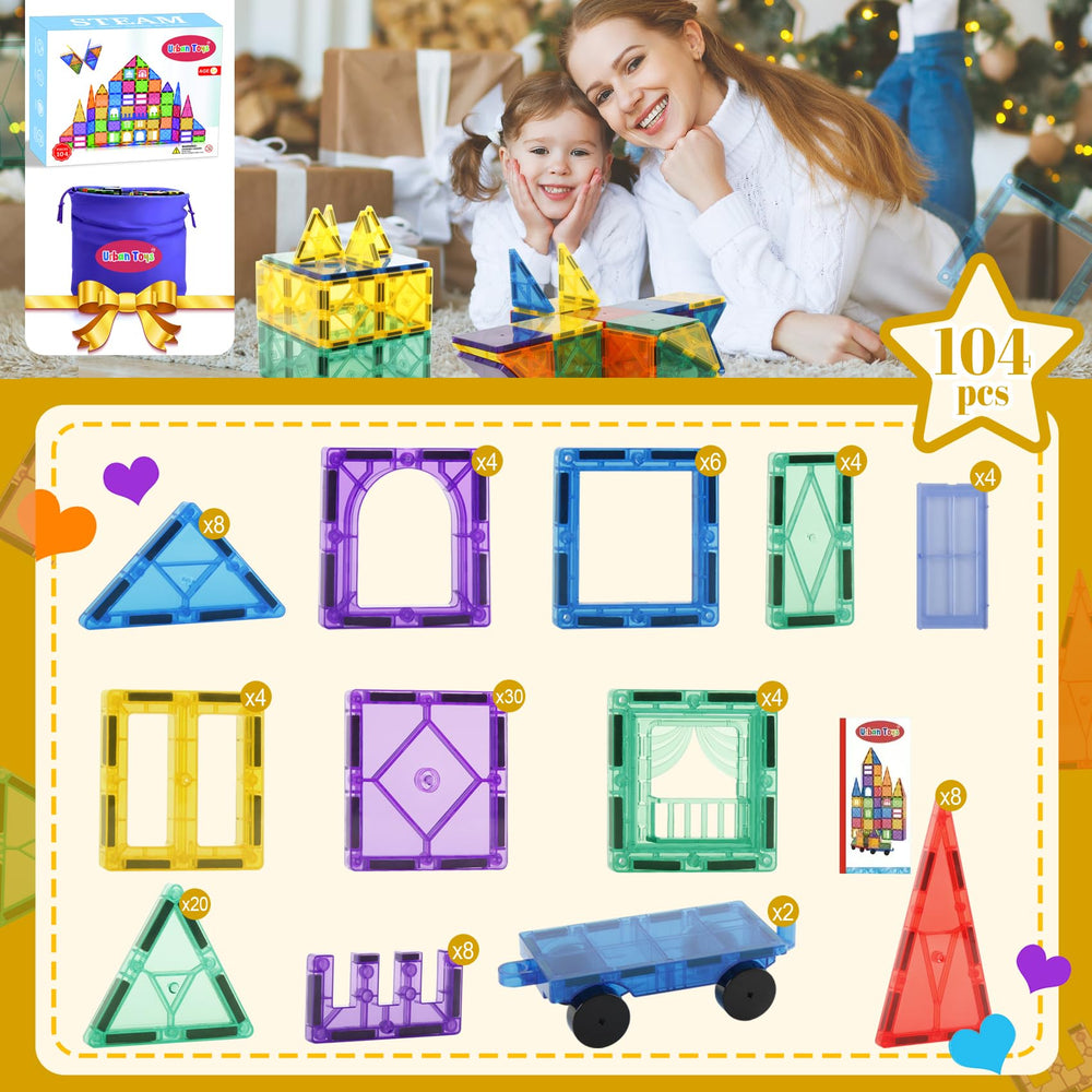Urban Toys Magnetic Tiles 104pcs snap-click action enhances fine motor control.