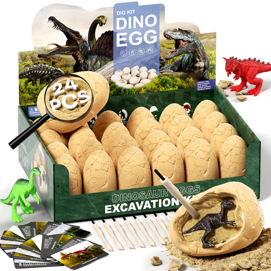 Uregoio 24 Dinosaur Eggs Dig Kit box invites curious hands to explore hidden dinos.