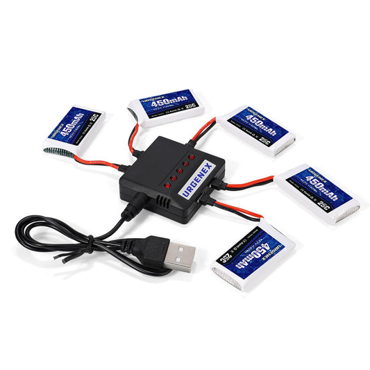 URGENEX 5-pack 450mAh LiPo battery for longer drone flights.