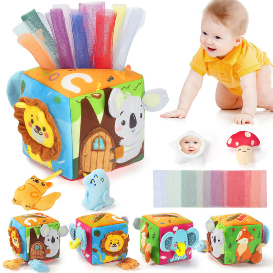 URMYWO tissue box toy with raccoon pattern promotes grasping and auditory exploration